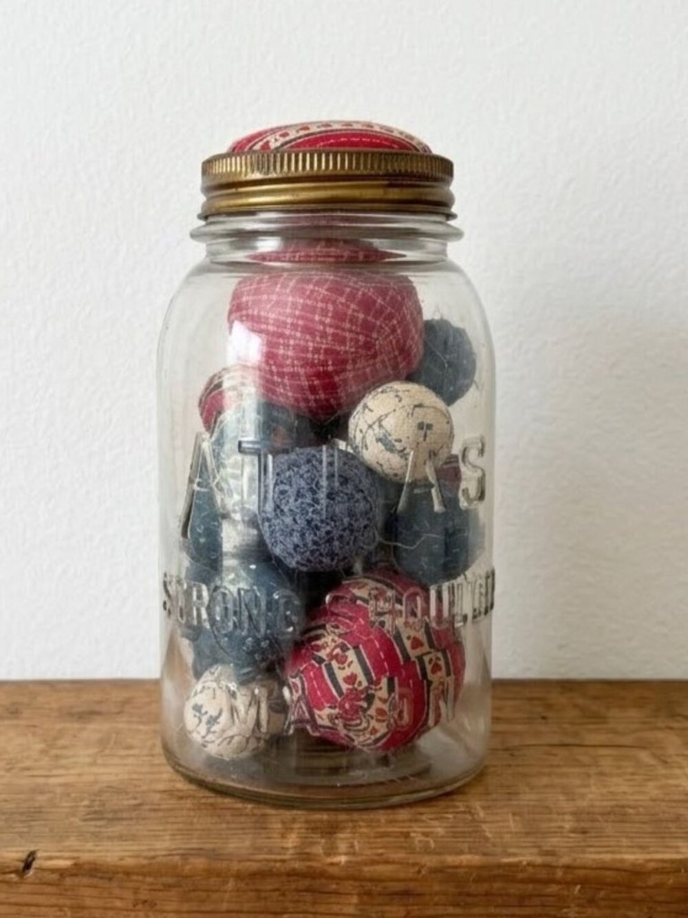 Vintage Atlas Mason Jar with Fabric Scrap Balls Pincushion Top Primitive Decor
